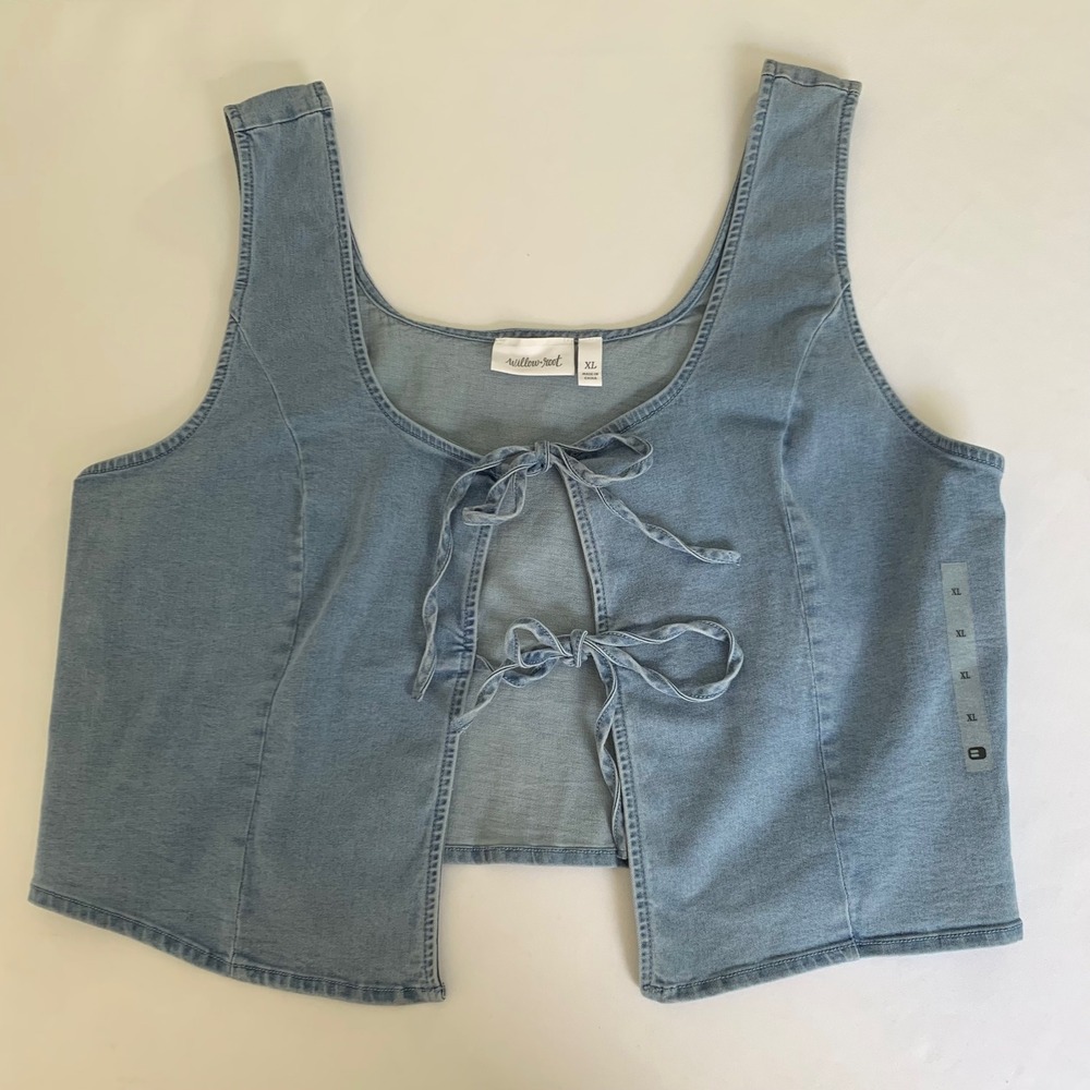 NWT Willow+Root Denim Vest Women XL Light Blue Tie Front Cropped Coquette Boho